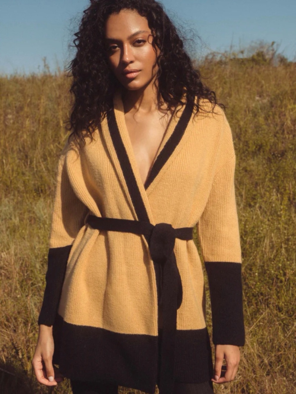 Elan Camel and Black Shawl Collar Belted Cardigan